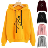 Autumn Fleece Hoodie Solid Color Finger Heart Hooded Korean Fashion Sweatshirts Long Sleeve Top Drawstring Pockets