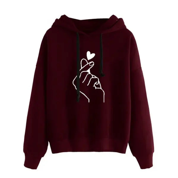 Autumn Fleece Hoodie Solid Color Finger Heart Hooded Korean Fashion Sweatshirts Long Sleeve Top Drawstring Pockets