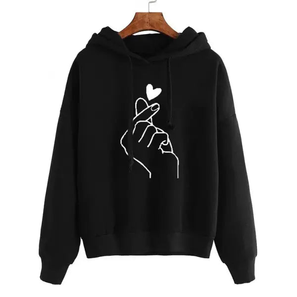 Autumn Fleece Hoodie Solid Color Finger Heart Hooded Korean Fashion Sweatshirts Long Sleeve Top Drawstring Pockets