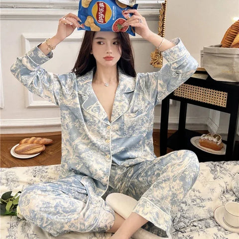 Autumn New Ice Silk Women Pajama Set – Lapel Button Cardigan & Fashion Print 2-Piece