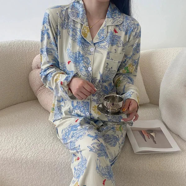 Autumn New Ice Silk Women Pajama Set – Lapel Button Cardigan & Fashion Print 2-Piece - M / BCX30055