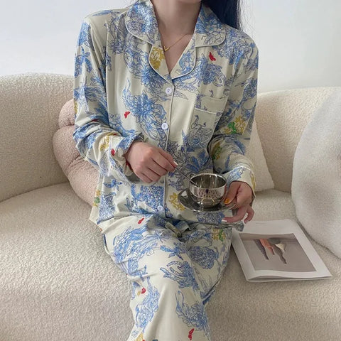 Autumn New Ice Silk Women Pajama Set – Lapel Button Cardigan & Fashion Print 2-Piece - M / BCX30055