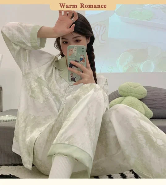 Autumn New Ice Silk Women Pajama Set – Lapel Button Cardigan & Fashion Print 2-Piece - L / 716 Green