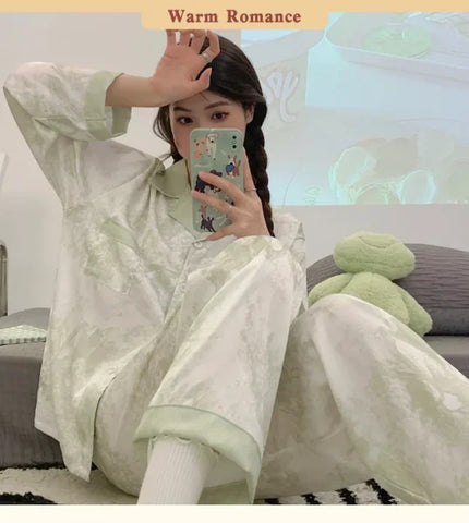 Autumn New Ice Silk Women Pajama Set – Lapel Button Cardigan & Fashion Print 2-Piece - L / 716 Green