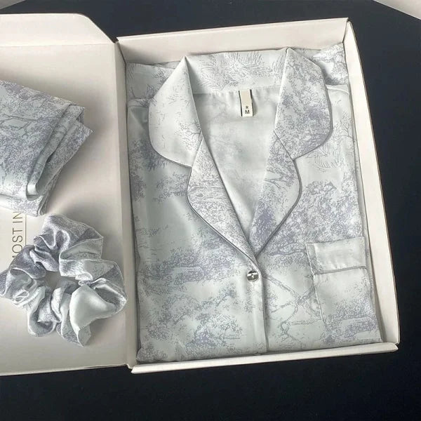 Autumn New Ice Silk Women Pajama Set – Lapel Button Cardigan & Fashion Print 2-Piece - L / 716 Gray