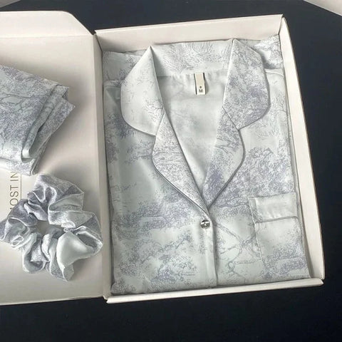 Autumn New Ice Silk Women Pajama Set – Lapel Button Cardigan & Fashion Print 2-Piece - L / 716 Gray