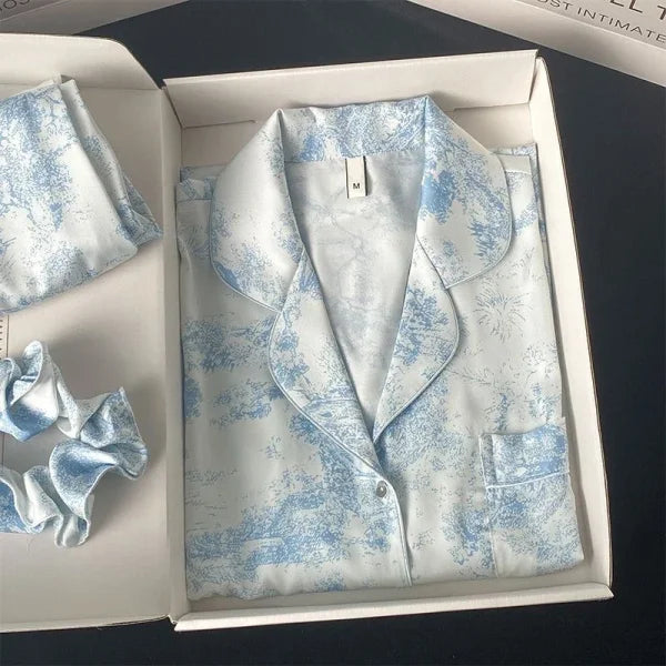 Autumn New Ice Silk Women Pajama Set – Lapel Button Cardigan & Fashion Print 2-Piece - L / 716 Blue