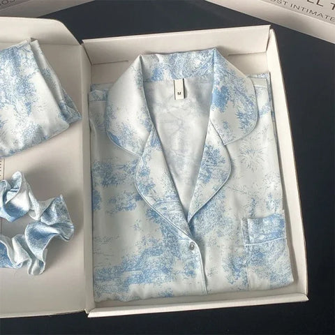 Autumn New Ice Silk Women Pajama Set – Lapel Button Cardigan & Fashion Print 2-Piece - L / 716 Blue