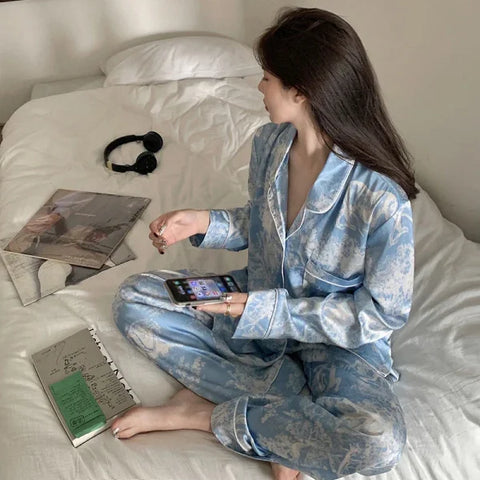 Autumn New Ice Silk Women Pajama Set – Lapel Button Cardigan & Fashion Print 2-Piece - M / Beige