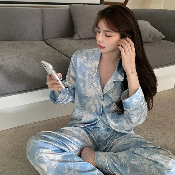Autumn New Ice Silk Women Pajama Set – Lapel Button Cardigan & Fashion Print 2-Piece