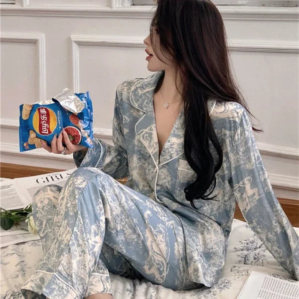 Autumn New Ice Silk Women Pajama Set – Lapel Button Cardigan & Fashion Print 2-Piece