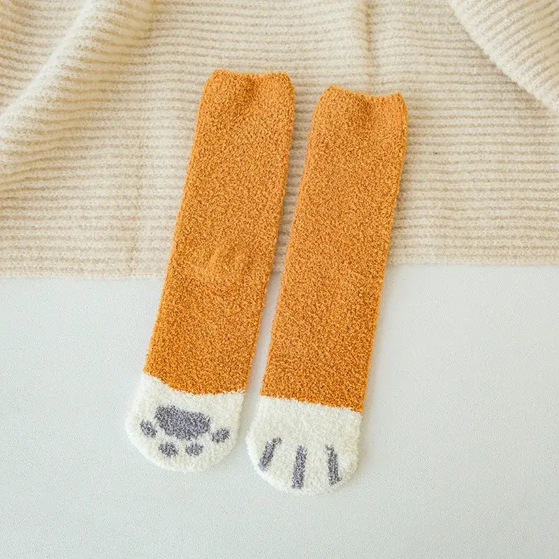 Autumn Winter Coral Velvet Socks Cute Cat Claw Socks For Women Children Girls Middle Tube Thickened Sleep Socks Home