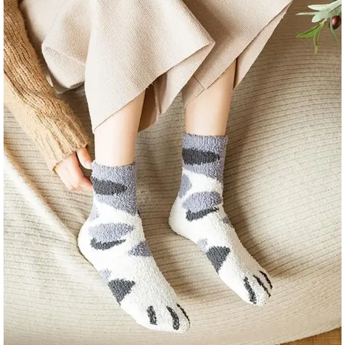 Autumn Winter Coral Velvet Socks Cute Cat Claw Socks For Women Children Girls Middle Tube Thickened Sleep Socks Home