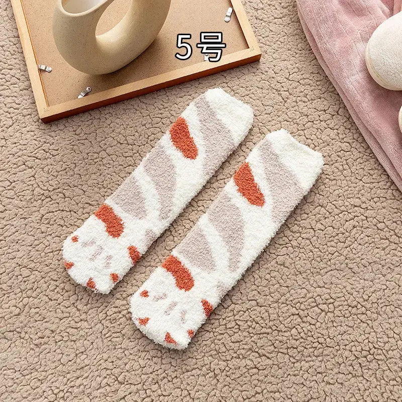 Autumn Winter Coral Velvet Socks Cute Cat Claw Socks For Women Children Girls Middle Tube Thickened Sleep Socks Home