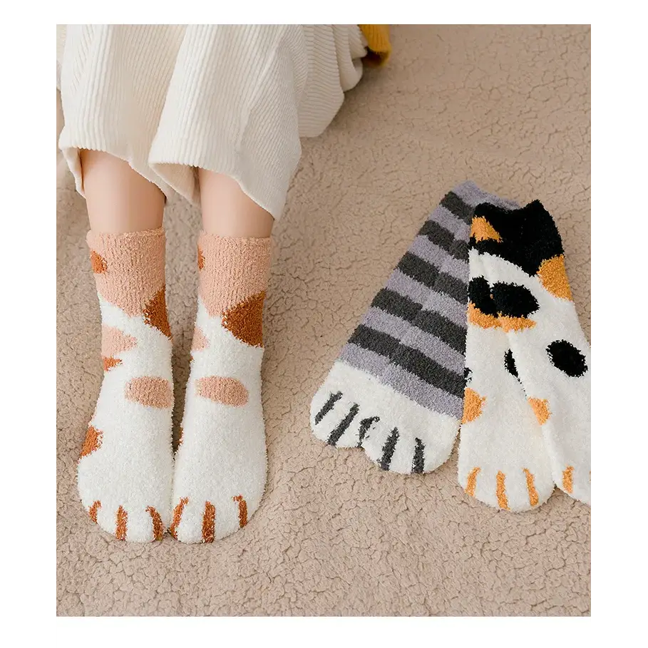 Autumn Winter Coral Velvet Socks Cute Cat Claw Socks For Women Children Girls Middle Tube Thickened Sleep Socks Home