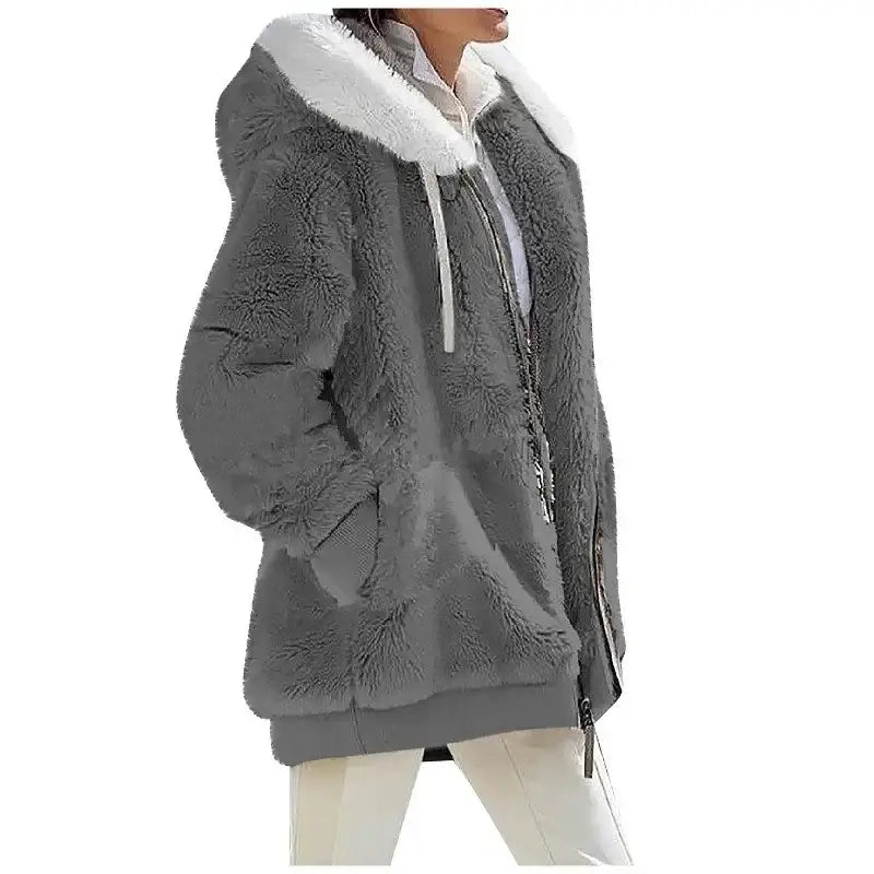 Autumn Winter Fashion Women’s Coat New Casual Hooded Zipper Lady Clothes Cashmere Female Fleece Jacket Solid Color