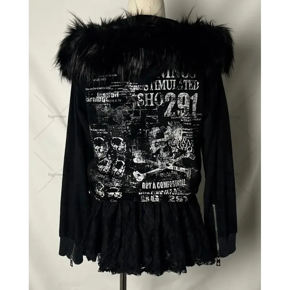 Autumn Winter Harajuku American High Street Fur Collar Zipper Hoodie Men Y2k Goth Punk Hip-hop Rock Oversized