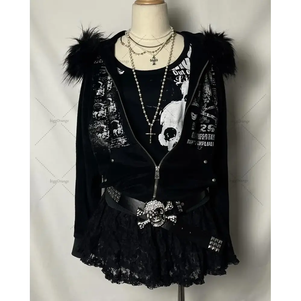 Autumn Winter Harajuku American High Street Fur Collar Zipper Hoodie Men Y2k Goth Punk Hip-hop Rock Oversized