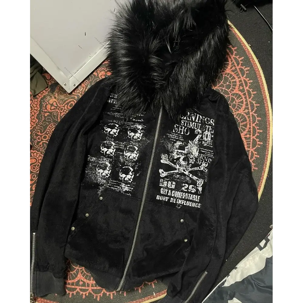 Autumn Winter Harajuku American High Street Fur Collar Zipper Hoodie Men Y2k Goth Punk Hip-hop Rock Oversized