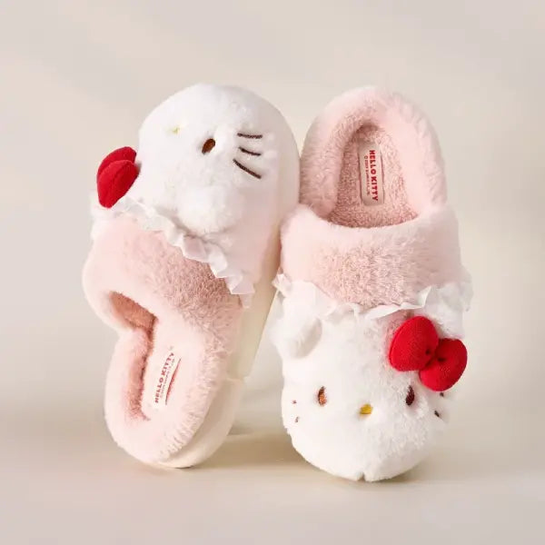 Hello Kitty Plush Slippers for Women – Kawaii Cute Sanrio Indoor Home Shoes Warm Autumn & Winter Cotton Footwear - kt