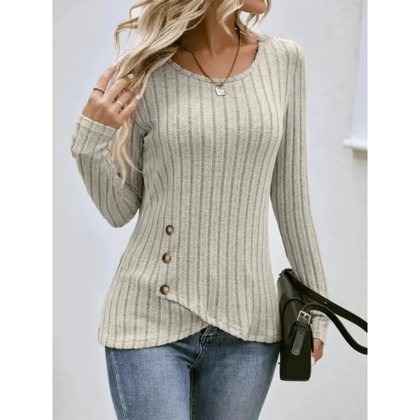 Autumn Winter Long Sleeve Top – Women’s Casual Irregular Solid Color Pullover with Street Style Buttons