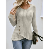 Autumn Winter Long Sleeve Top – Women’s Casual Irregular Solid Color Pullover with Street Style Buttons
