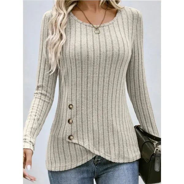 Autumn Winter Long Sleeve Top – Women’s Casual Irregular Solid Color Pullover with Street Style Buttons - M