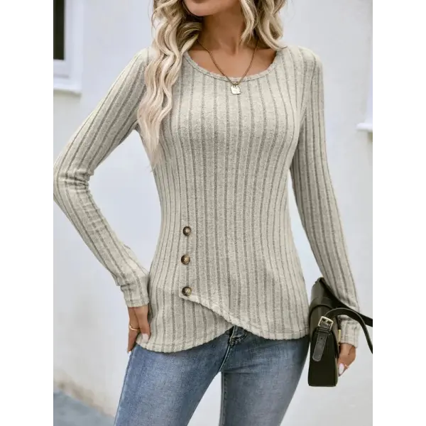 Autumn Winter Long Sleeve Top – Women’s Casual Irregular Solid Color Pullover with Street Style Buttons