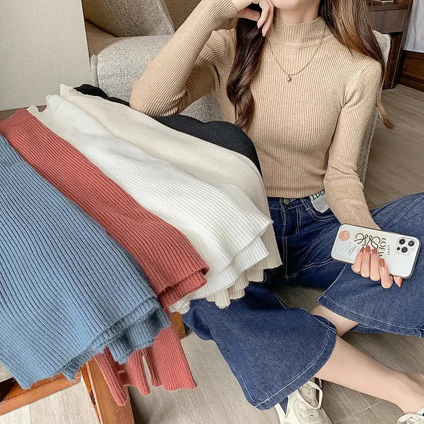 Autumn Winter Mock Neck Women Sweater Vintage Basic Solid Knitted Tops Casual Slim Pullover Korean Sweaters Simple Chic