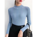 Autumn Winter Mock Neck Women Sweater Vintage Basic Solid Knitted Tops Casual Slim Pullover Korean Sweaters Simple Chic