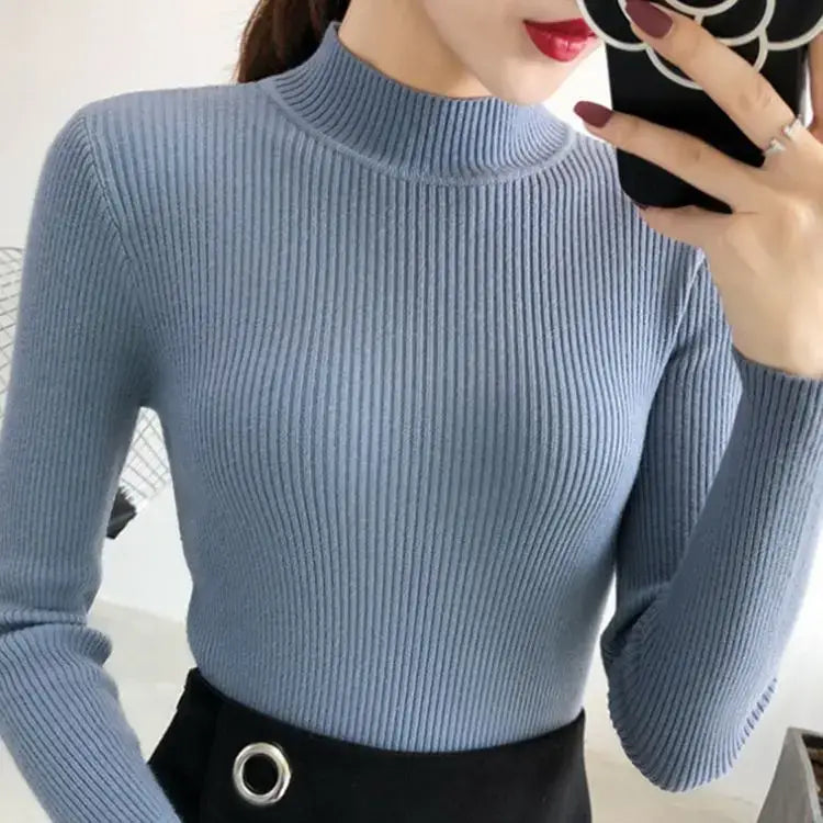 Autumn Winter Mock Neck Women Sweater Vintage Basic Solid Knitted Tops Casual Slim Pullover Korean Sweaters Simple Chic
