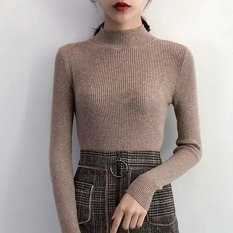Autumn Winter Mock Neck Women Sweater Vintage Basic Solid Knitted Tops Casual Slim Pullover Korean Sweaters Simple Chic