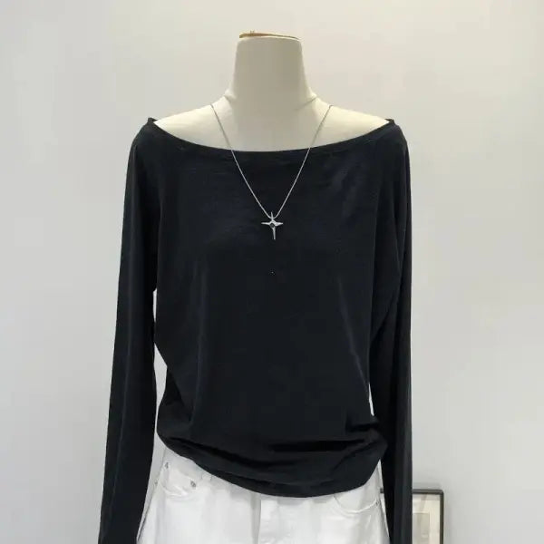Autumn Winter One-Shoulder Cotton Top – Women’s Long Sleeve Slant Shoulder Base Shirt - Black / M