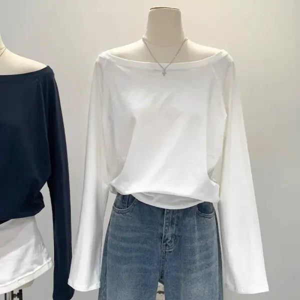 Autumn Winter One Shoulder Cotton Long Sleeve Slant Shoulder Women’s Clothing Style Interior Wide Truffle Shoulder Base