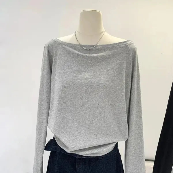 Autumn Winter One Shoulder Cotton Long Sleeve Slant Shoulder Women’s Clothing Style Interior Wide Truffle Shoulder Base