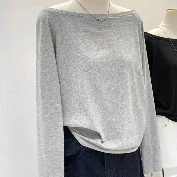 Autumn Winter One Shoulder Cotton Long Sleeve Slant Shoulder Women’s Clothing Style Interior Wide Truffle Shoulder Base