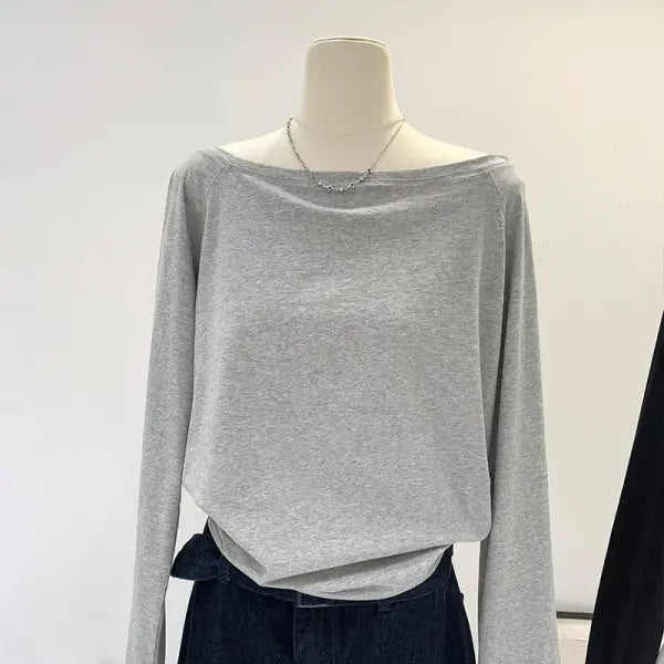 Autumn Winter One Shoulder Cotton Long Sleeve Slant Shoulder Women’s Clothing Style Interior Wide Truffle Shoulder Base