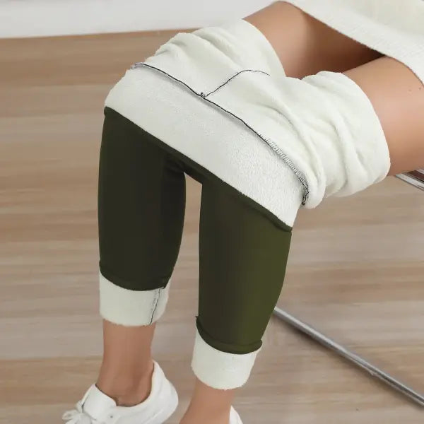 Autumn Winter High Waist Elastic Slim Fleece Leggings Warm Tights - XL / Green / China Mainland