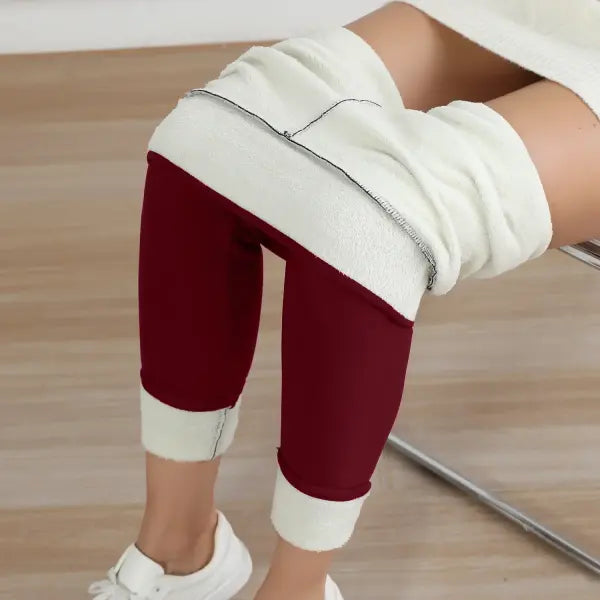 Autumn Winter High Waist Elastic Slim Fleece Leggings Warm Tights - S / Wine / China Mainland