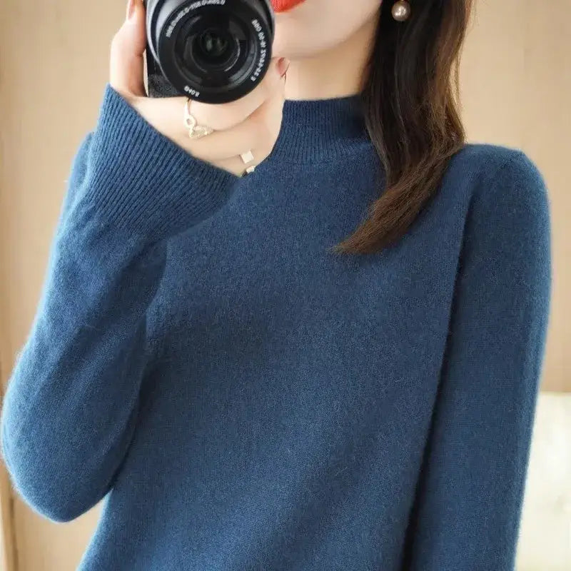 Autumn Winter Women Sweater Korean Fashion Warm Bottoming Shirts Half High Collar Basic Knitwear Solid Long Sleeve