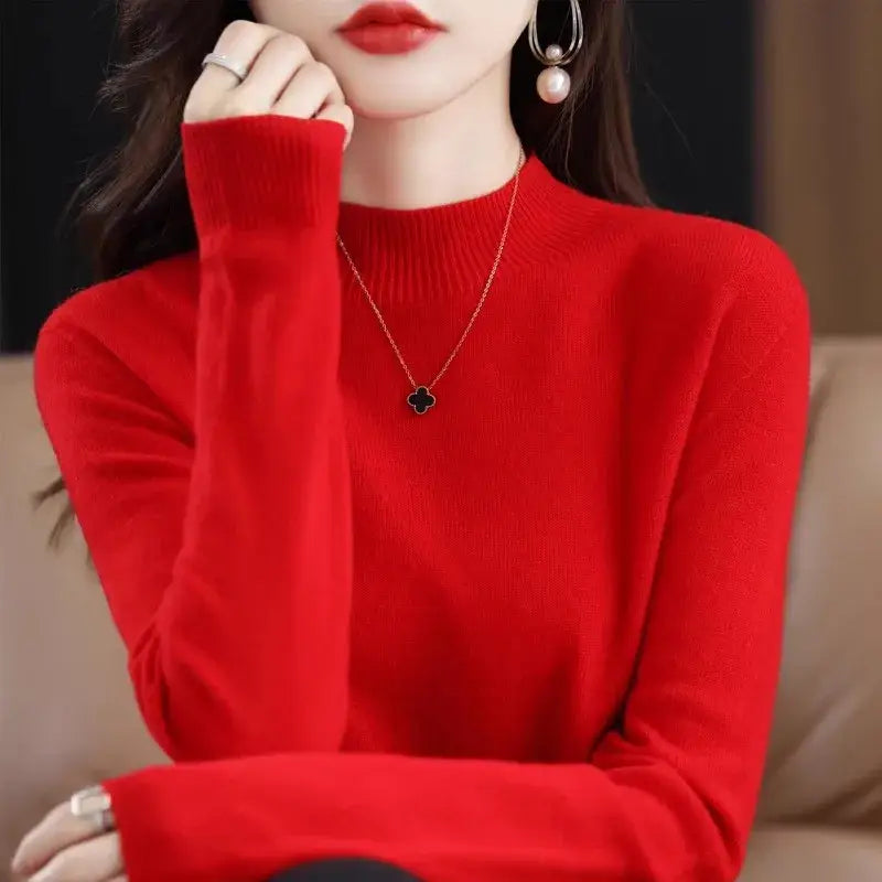 Autumn Winter Women Sweater Korean Fashion Warm Bottoming Shirts Half High Collar Basic Knitwear Solid Long Sleeve