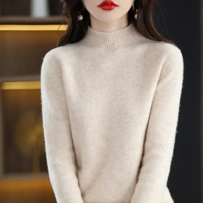 Autumn Winter Women Sweater Korean Fashion Warm Bottoming Shirts Half High Collar Basic Knitwear Solid Long Sleeve