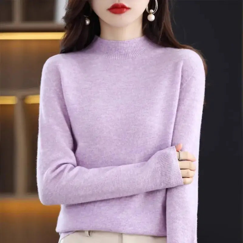 Autumn Winter Women Sweater Korean Fashion Warm Bottoming Shirts Half High Collar Basic Knitwear Solid Long Sleeve