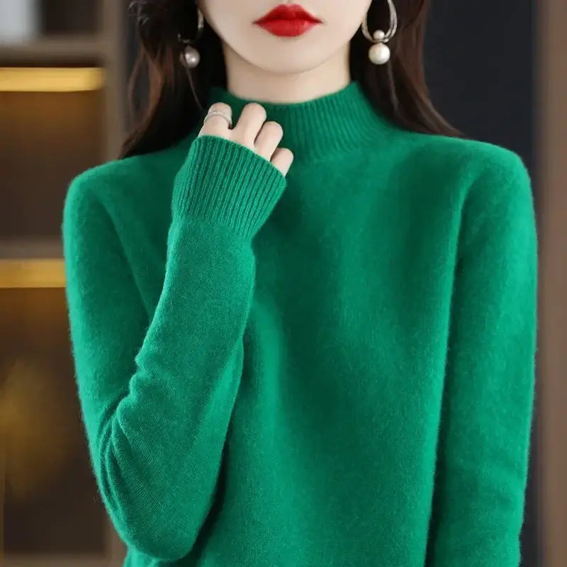 Autumn Winter Women Sweater Korean Fashion Warm Bottoming Shirts Half High Collar Basic Knitwear Solid Long Sleeve