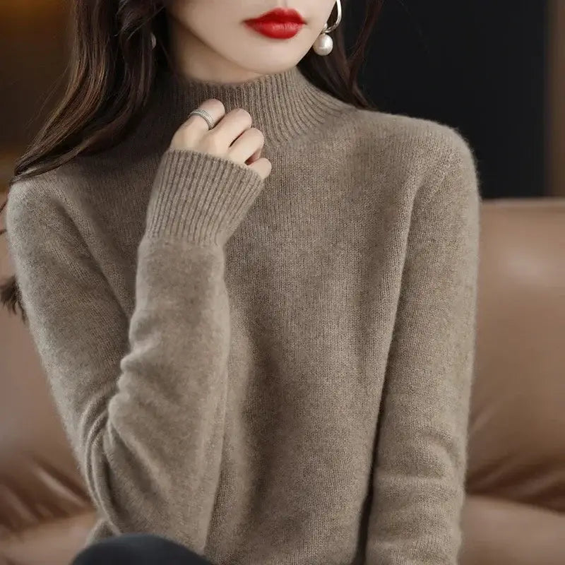 Autumn Winter Women Sweater Korean Fashion Warm Bottoming Shirts Half High Collar Basic Knitwear Solid Long Sleeve