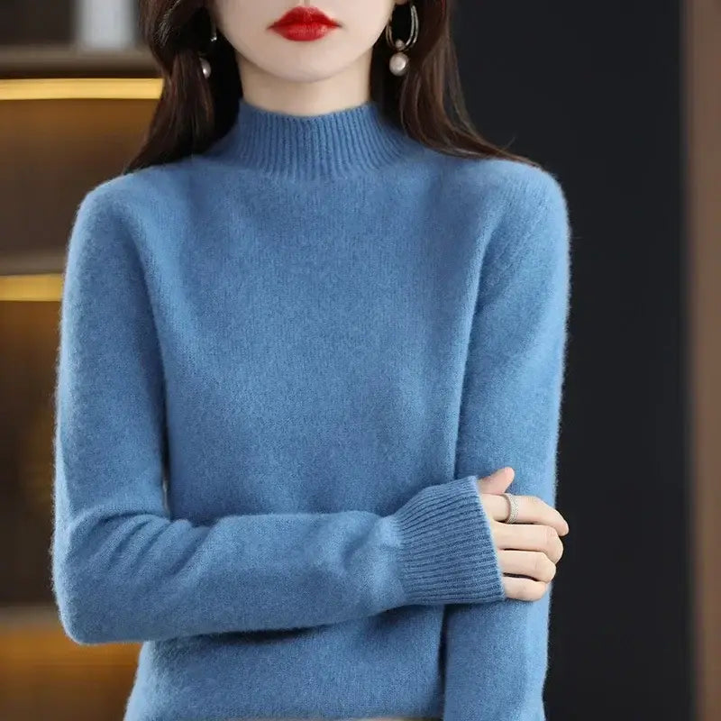 Autumn Winter Women Sweater Korean Fashion Warm Bottoming Shirts Half High Collar Basic Knitwear Solid Long Sleeve