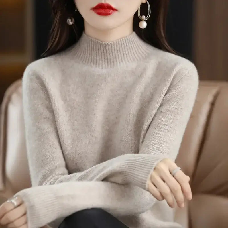 Autumn Winter Women Sweater Korean Fashion Warm Bottoming Shirts Half High Collar Basic Knitwear Solid Long Sleeve