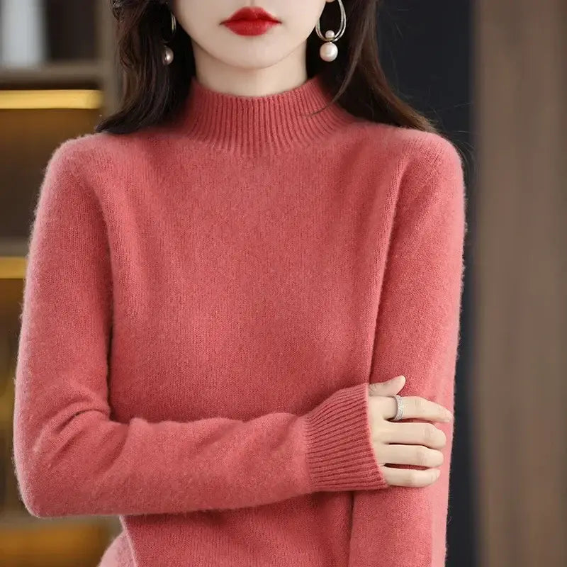 Autumn Winter Women Sweater Korean Fashion Warm Bottoming Shirts Half High Collar Basic Knitwear Solid Long Sleeve