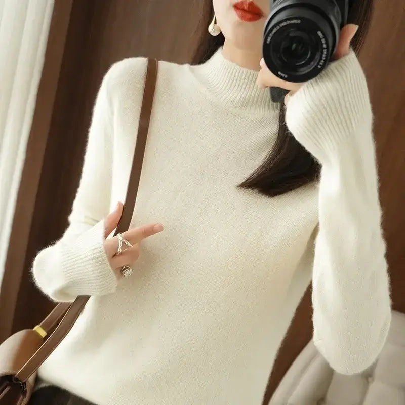 Autumn Winter Women Sweater Korean Fashion Warm Bottoming Shirts Half High Collar Basic Knitwear Solid Long Sleeve
