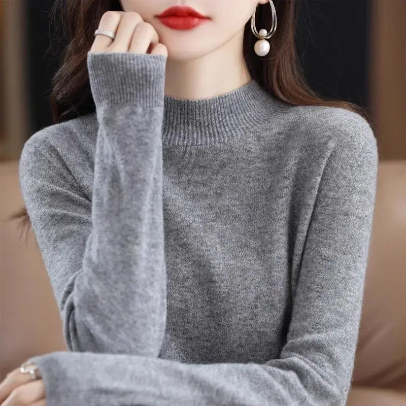 Autumn Winter Women Sweater Korean Fashion Warm Bottoming Shirts Half High Collar Basic Knitwear Solid Long Sleeve